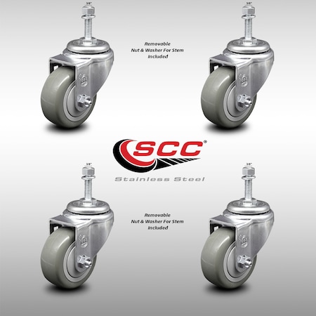 Service Caster 3.5 Inch SS Gray Polyurethane Wheel Swivel 3/8 Inch Threaded Stem Caster Set SCC SCC-SSTS20S3514-PPUB-381615-4